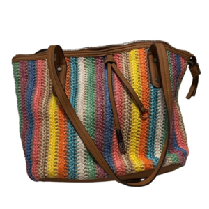 rossetti pastel rainbow stripe woven shoulder bag | tan straps tote purse